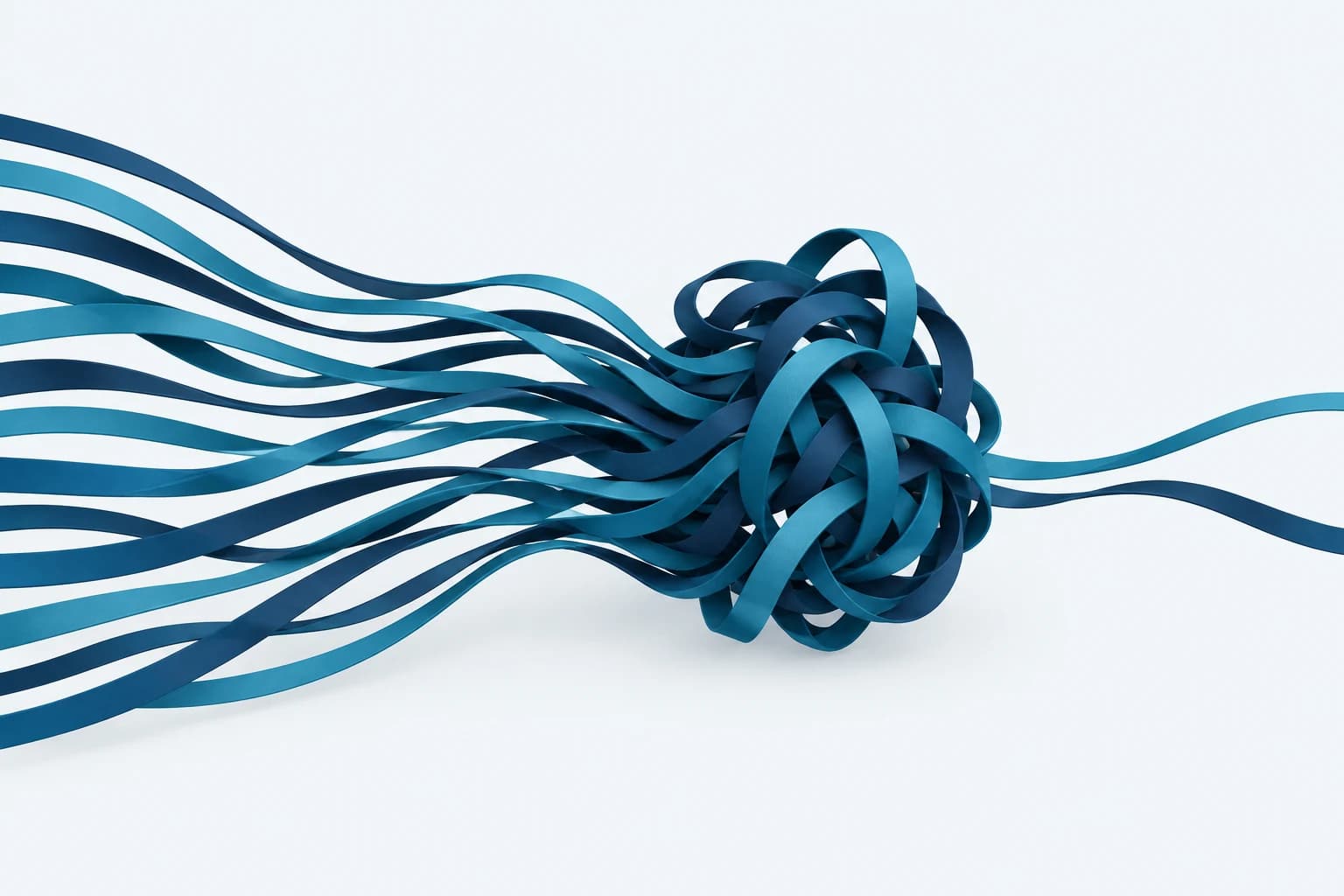 Many fast-moving ribbons become tangled in an organizational knot, with only two strands getting through.